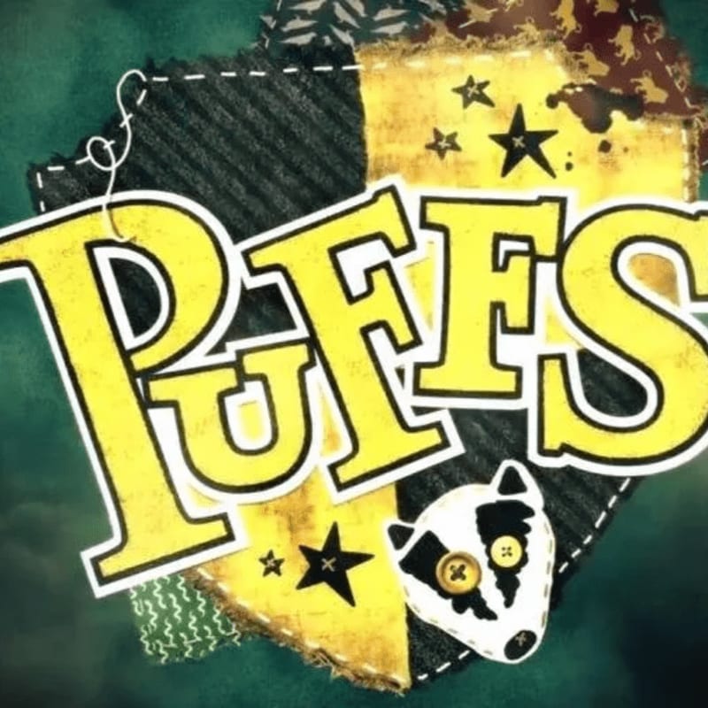 A Hufflepuff crest with the word "PUFFS" in large yellow letters is centered on a dark, textured background.