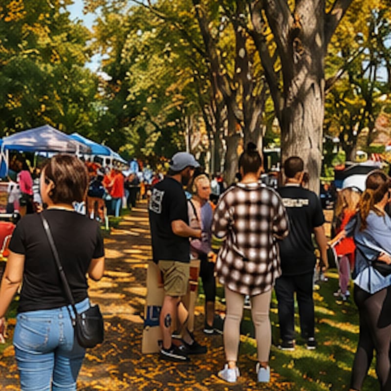 People mill about at an outdoor market with colorful tents and trees in the background.