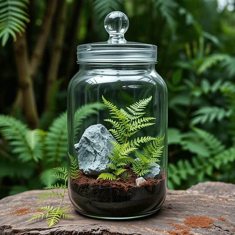 A glass terrarium with ferns and rocks sits on a wooden surface, with lush green foliage in the background.