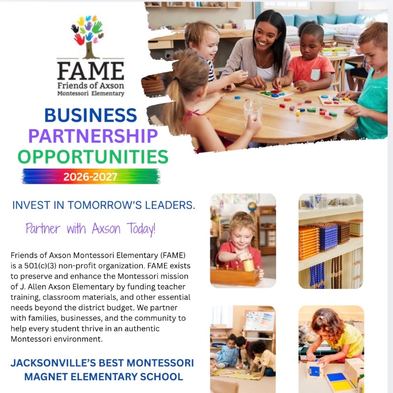 A group of children and a teacher are gathered around a table in the foreground, while the background features educational materials and text promoting business partnership opportunities for a Montessori elementary school.