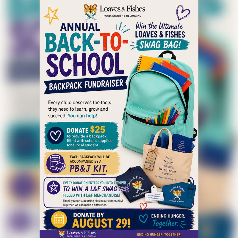 A teal backpack filled with school supplies and a tote bag are displayed in the foreground against a light blue background with event details.