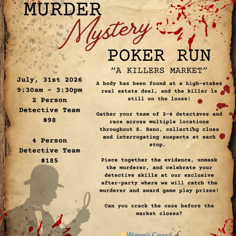 A vintage-style poster advertises a "Murder Mystery Poker Run" with blood splatters and a silhouetted detective in the foreground, while the background features distressed paper texture and event details.