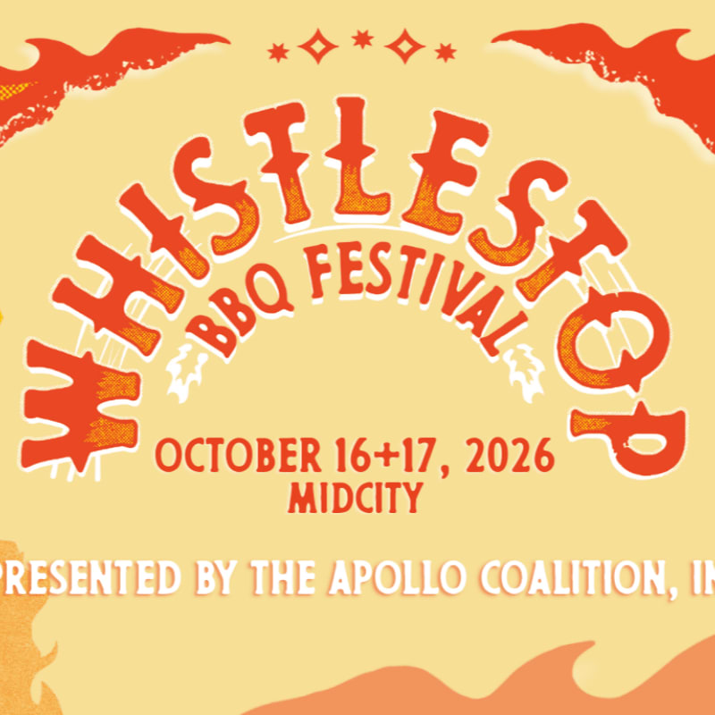 A Whistle Stop BBQ Festival poster with fiery orange accents and text announcing the event details is set against a pale yellow background.