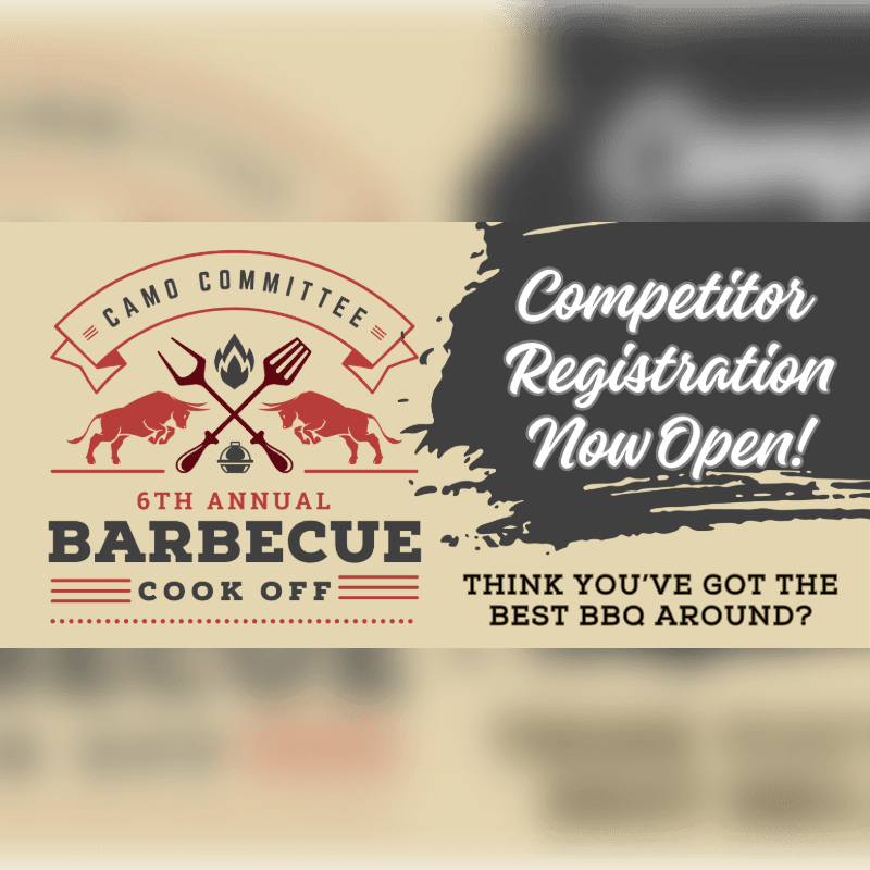 A graphic advertises the 6th Annual Barbecue Cook Off, with "Competitor Registration Now Open!" prominently displayed in the background.