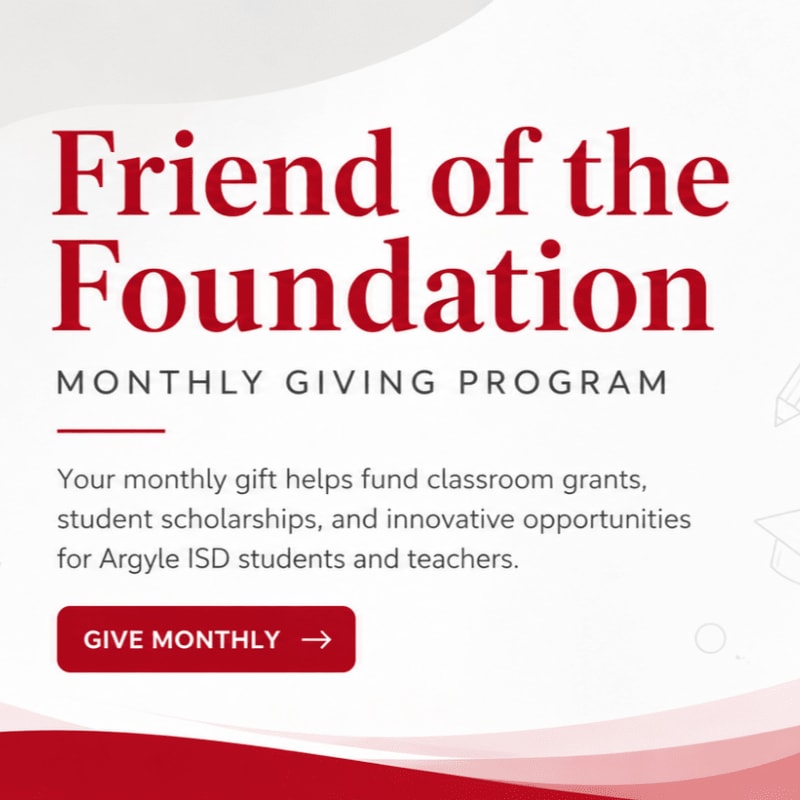 A red button labeled "GIVE MONTHLY" is in the foreground, with the text "Friend of the Foundation MONTHLY GIVING PROGRAM" above it, set against a white background with subtle graduation cap graphics in the background.