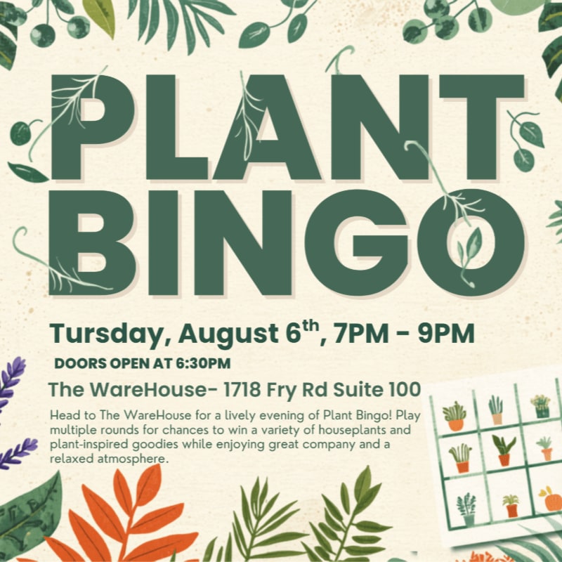 Green text for "PLANT BINGO" is overlaid on a light background with various green leaves and plants in the foreground and background, along with event details and a small bingo card.