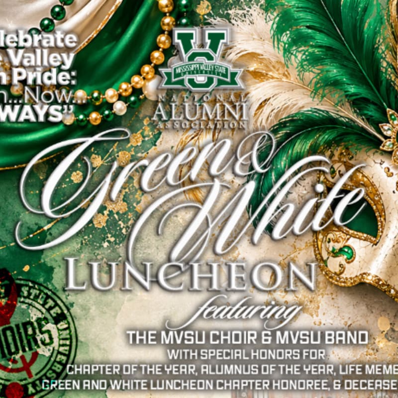 Green and white beads and feathers adorn the background, while the foreground features text announcing a "Green & White Luncheon" with the MVSU Choir & Band.