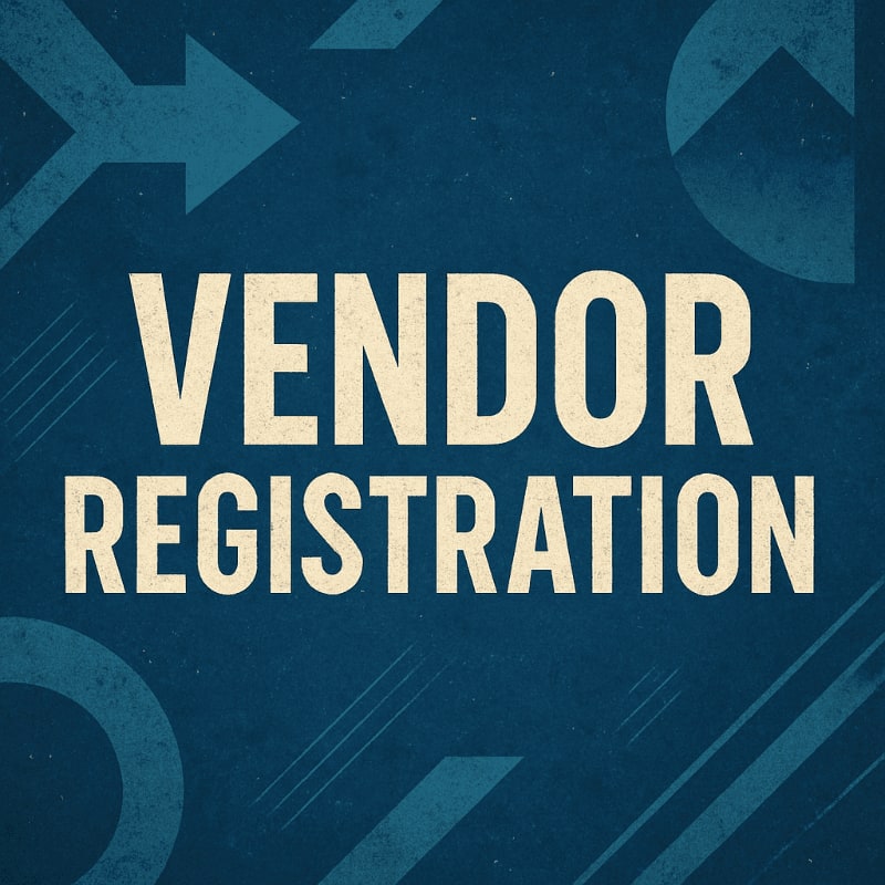 Cream-colored text reading "VENDOR REGISTRATION" is centered on a dark blue background with abstract geometric shapes and lines.