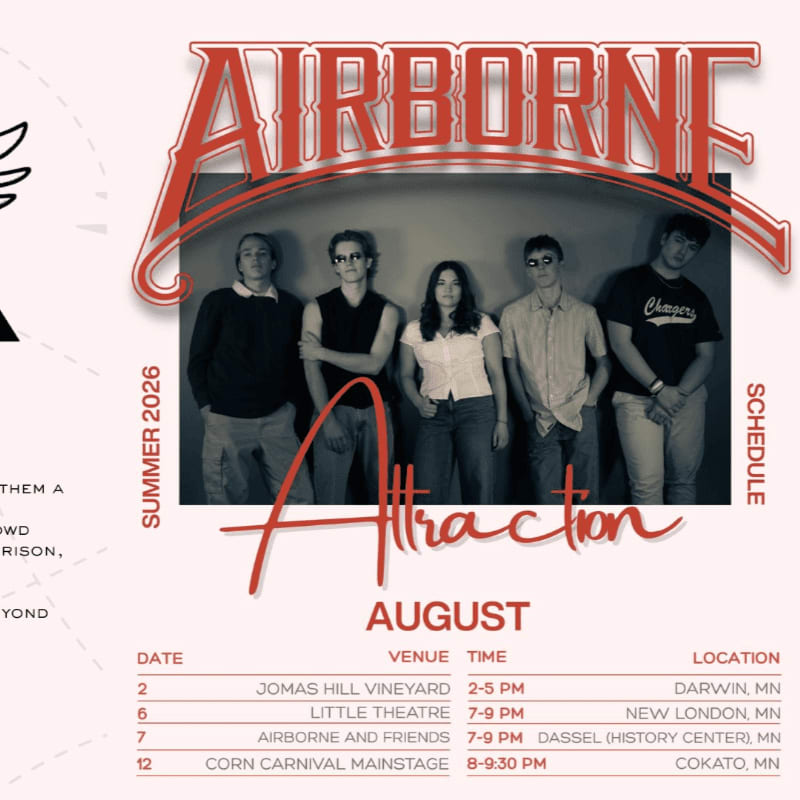 A band poses for a photo in front of a grey backdrop, with a schedule of August events for "Airborne Attraction" below.