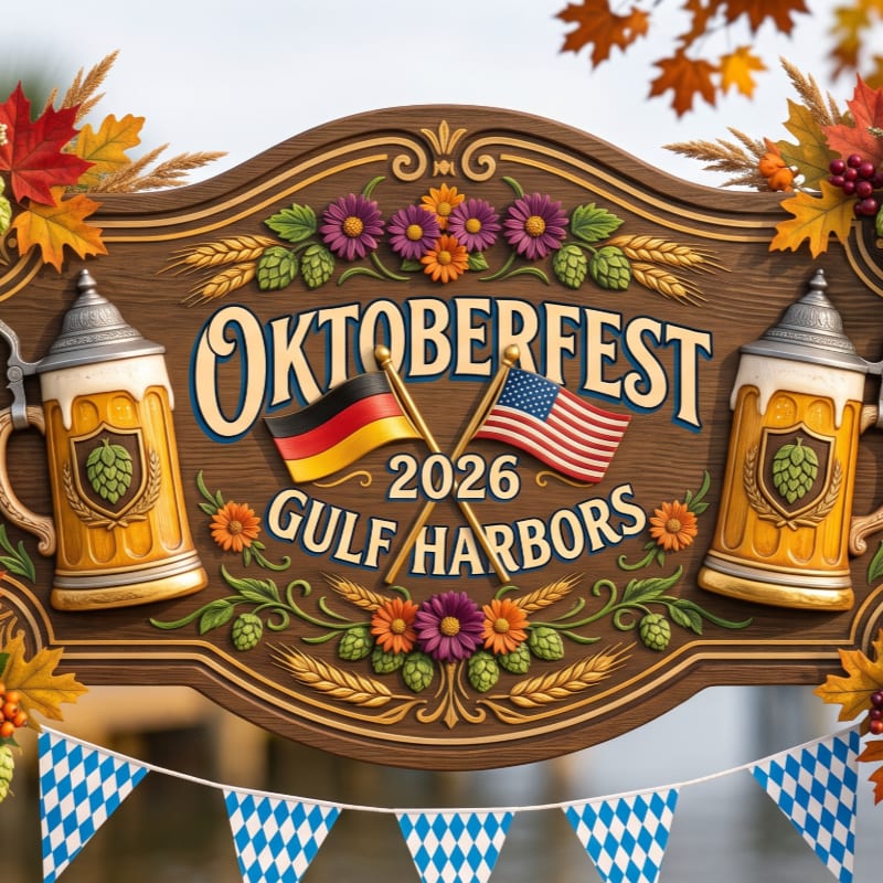 Two large beer steins flank a wooden sign advertising Oktoberfest 2026 in Gulf Harbors, adorned with German and American flags, autumn leaves, hops, and flowers, while a blue and white checkered banner hangs in the foreground.