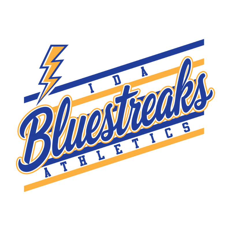 A blue and yellow lightning bolt strikes across diagonal blue and yellow stripes behind the bold blue "Bluestreaks" text with "IDA" above and "ATHLETICS" below.