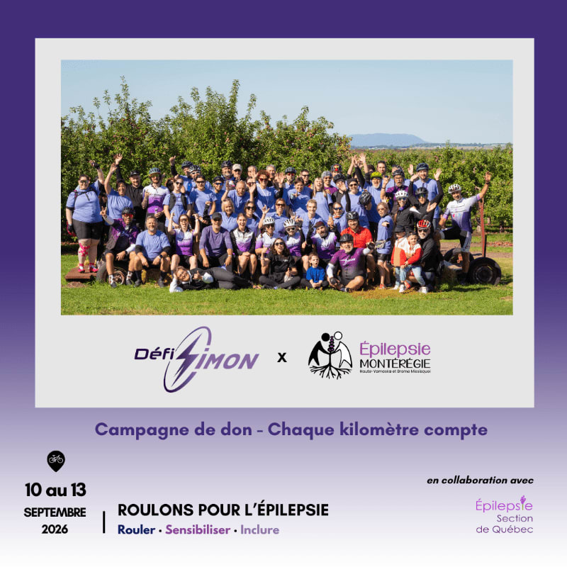 A large group of people in athletic wear pose for a photo in a grassy field with trees in the background, under a banner for "Défí Zimon" and "Épilepsie Montérégie."