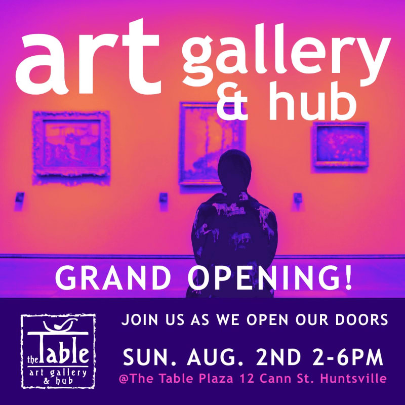 A silhouetted figure stands before paintings in an art gallery with a grand opening announcement in the foreground.
