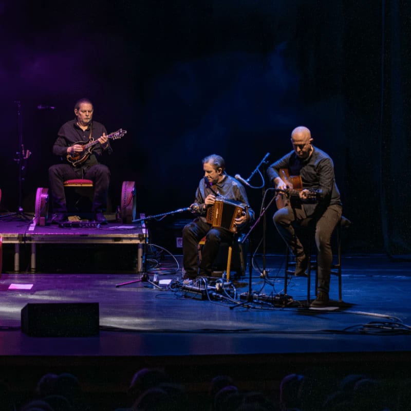 Three musicians perform on a dimly lit stage with a dark, smoky background, while an audience is visible in the blurred foreground.