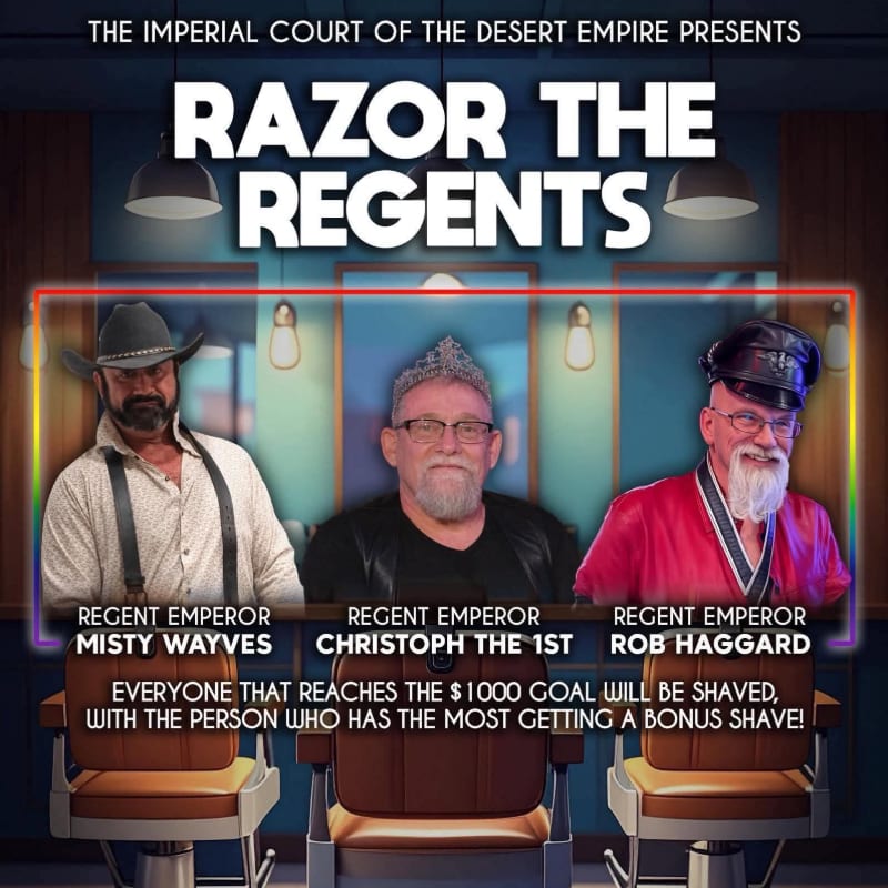 Three men, dressed as regents, are seated in barber chairs against a backdrop of a barbershop, with text announcing "Razor the Regents" and a challenge to shave those who reach a $1000 goal.