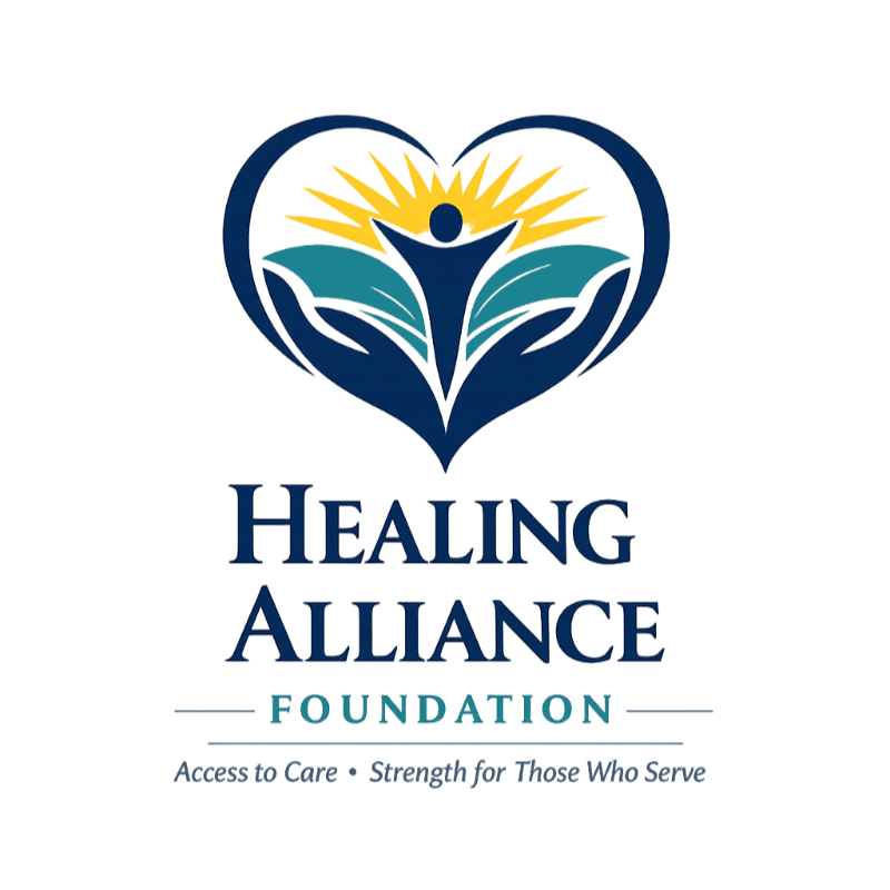 A logo with a stylized heart formed by hands cradling an open book with a sunburst and a human figure rising from it, above the text "HEALING ALLIANCE FOUNDATION" and a tagline.