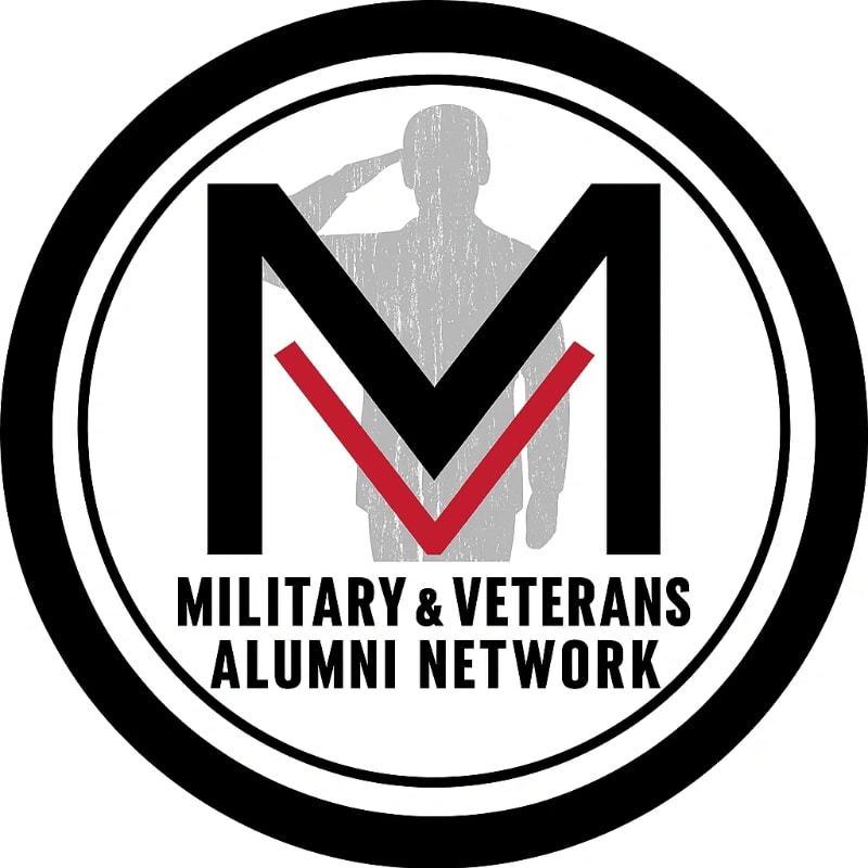 A black and white circular logo with a silhouette of a soldier saluting in the background, a large black "M" with a red "V" inside it in the foreground, and the words "MILITARY & VETERANS ALUMNI NETWORK" below.