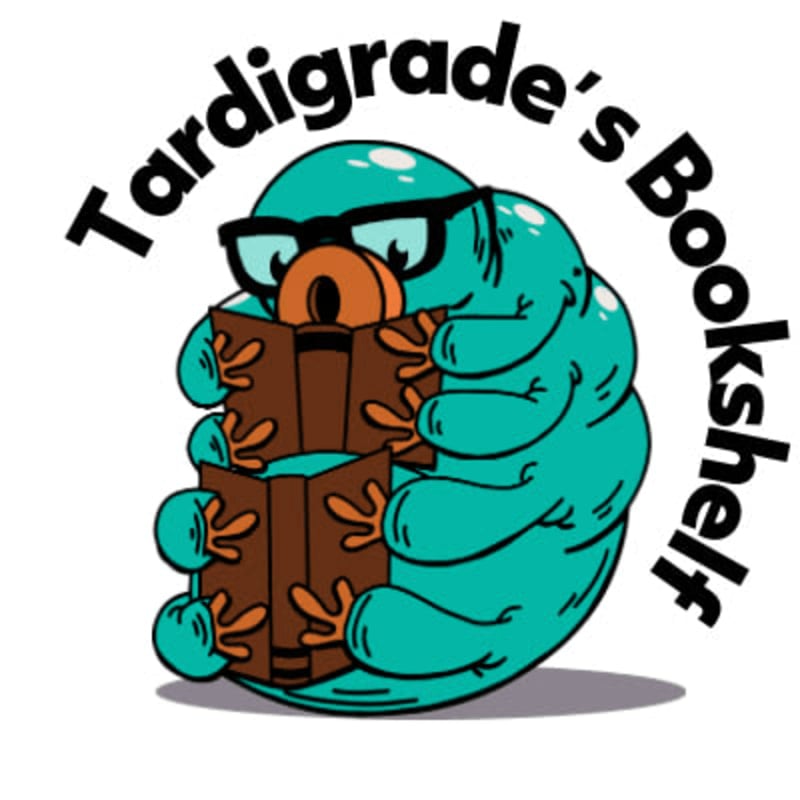A teal, segmented creature wearing glasses reads two brown books in the foreground, with the text "Tardigrade's Bookshelf" arching above in the background.