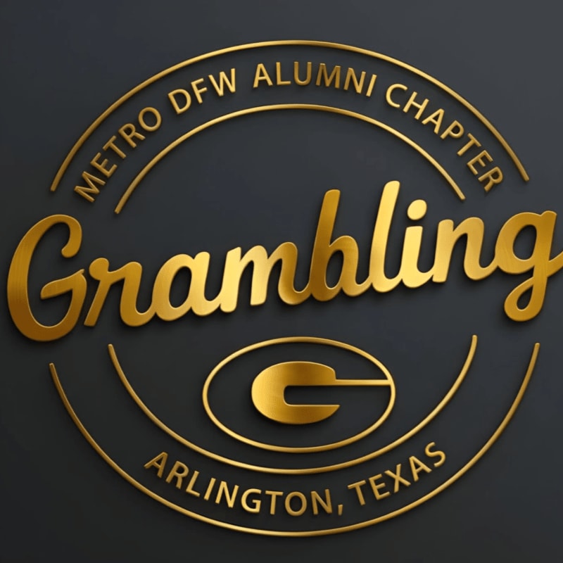 A golden emblem with "Grambling" in script and "Metro DFW Alumni Chapter Arlington, Texas" in a circle surrounds a golden "G" logo, all set against a dark gray background.