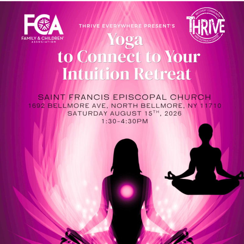 Silhouetted figures in yoga poses are in the foreground against a vibrant pink, abstract floral background advertising a "Yoga to Connect to Your Intuition Retreat."