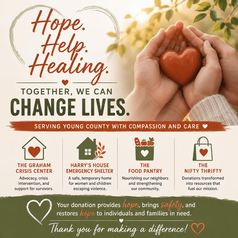 Cupped hands hold a red heart in the foreground, while the background features text about community support services.