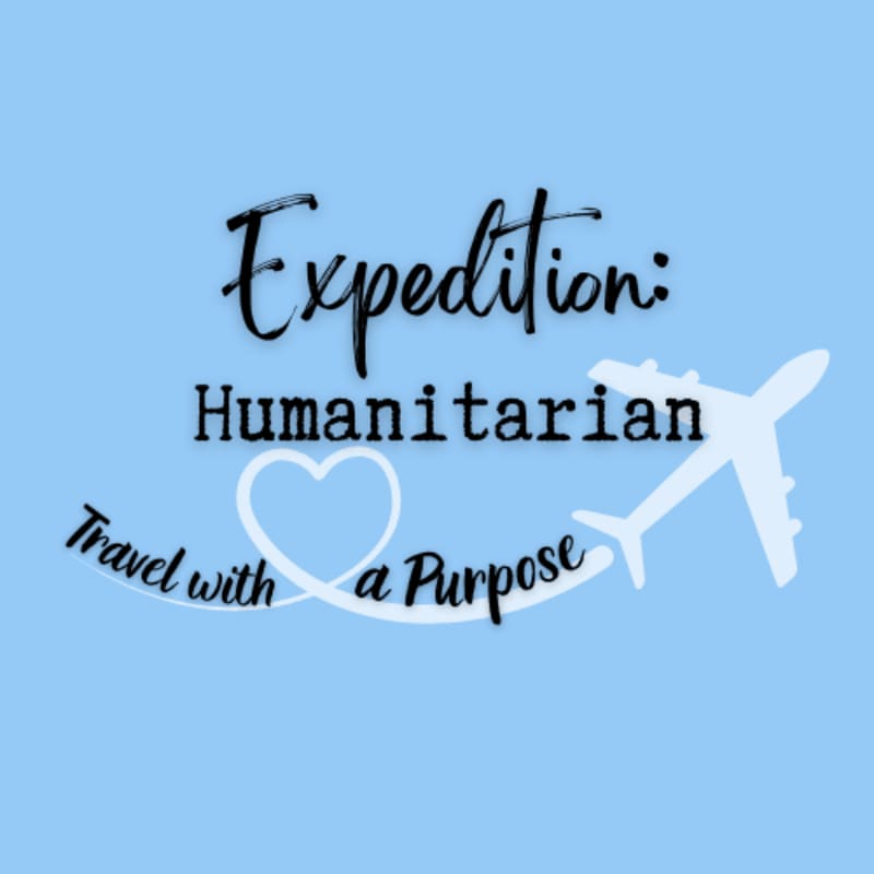 A white airplane flies across a light blue background, with the words "Expedition: Humanitarian" and "Travel with a Purpose" written in black and white script, encircling a white heart.