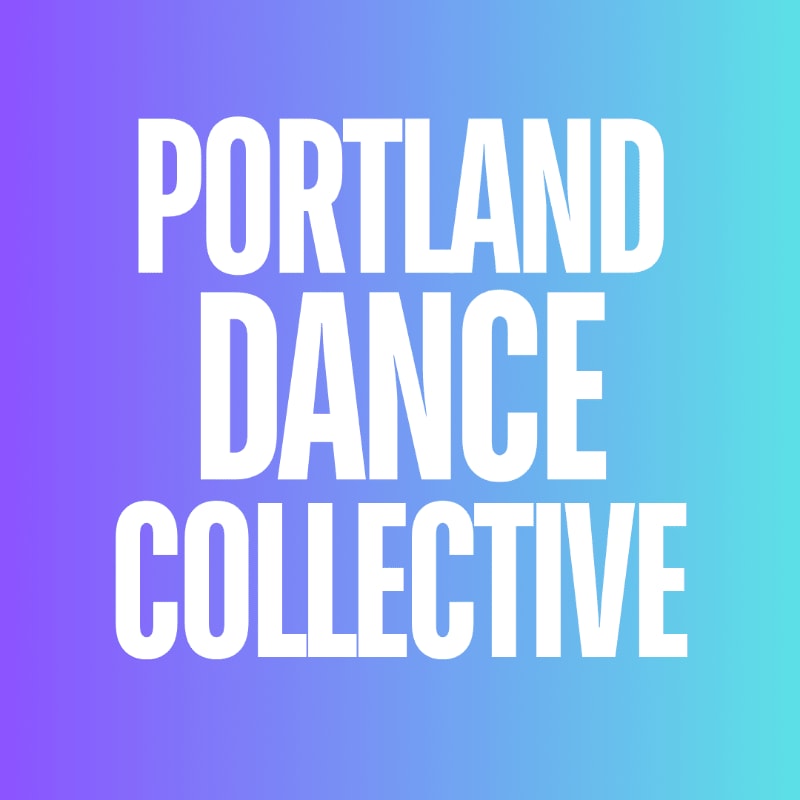 White text reading "PORTLAND DANCE COLLECTIVE" is centered on a gradient background of purple and teal.