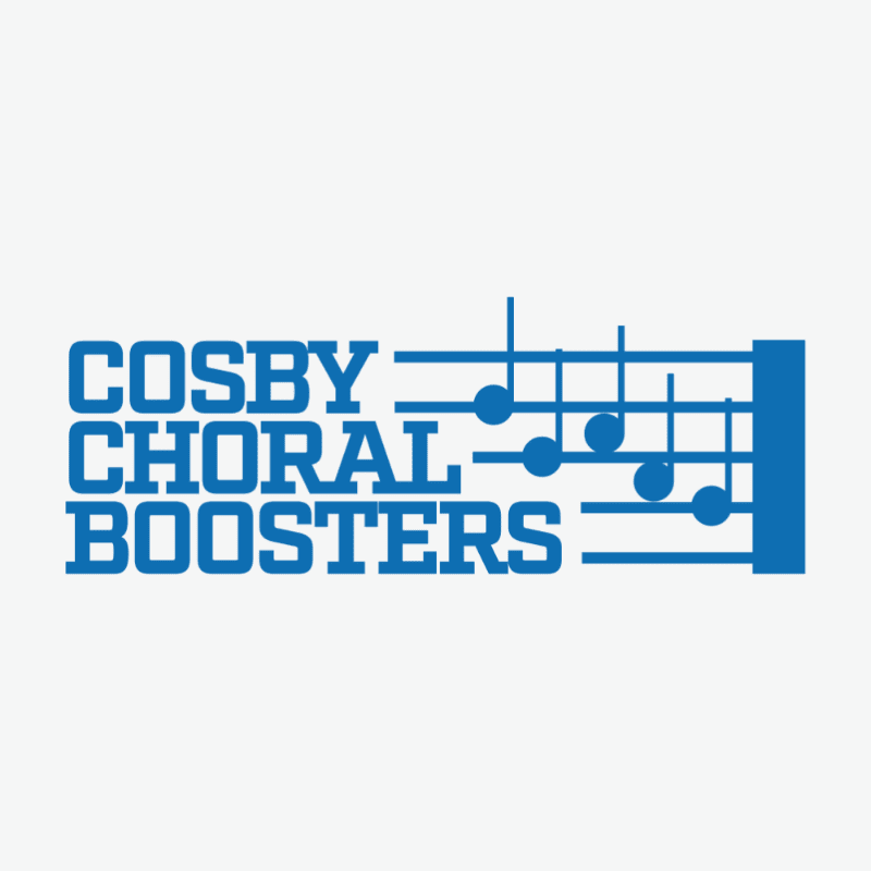 Blue text reading "COSBY CHORAL BOOSTERS" is superimposed on a musical staff with notes, all against a light blue background.