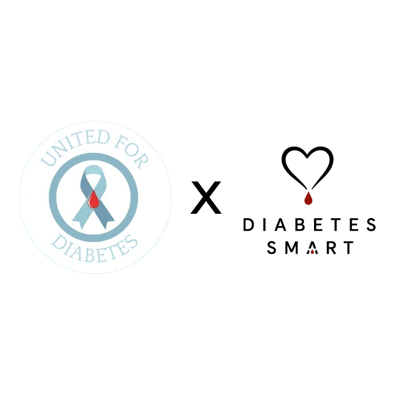A light blue ribbon with a drop of blood is inside a circle with text around it, next to a black heart with a drop of blood and the words "DIABETES SMART" on a white background.