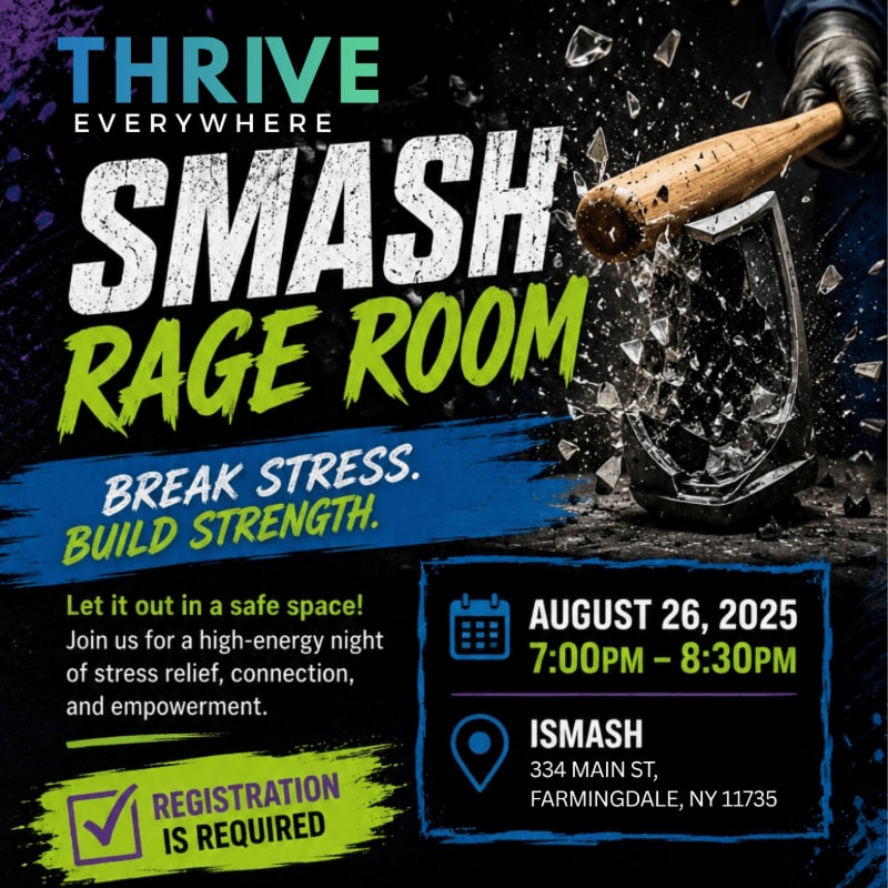 A baseball bat shatters glass in the foreground, while the background displays event details for a "Smash Rage Room" experience.