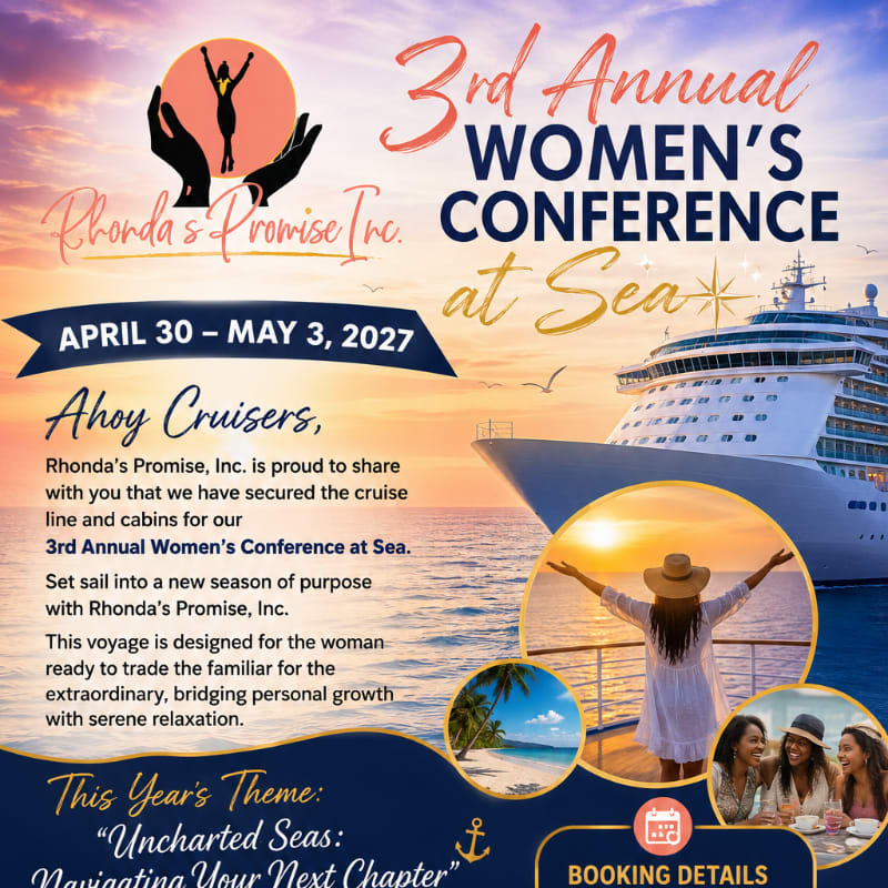 A cruise ship sails on the ocean in the background, while the foreground features text announcing the 3rd Annual Women's Conference at Sea.