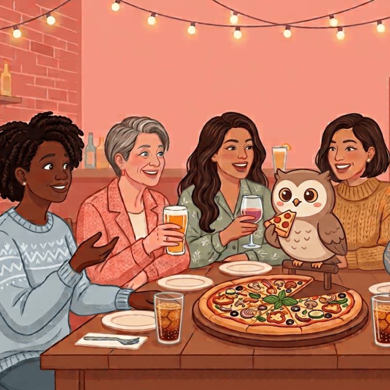 Four women and an owl share a pizza and drinks at a table, with string lights overhead and a brick wall in the background.