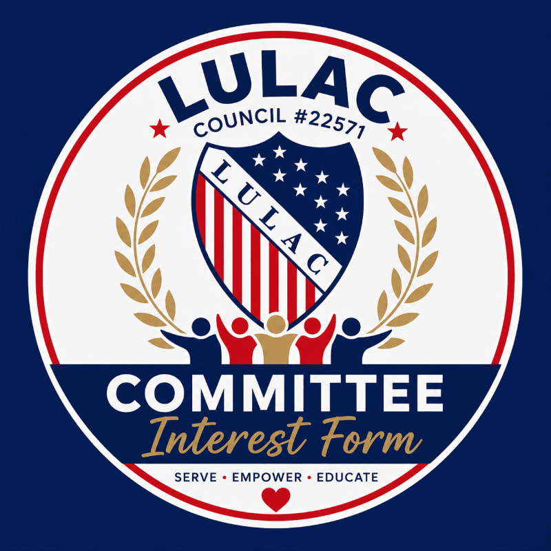 A circular logo with a shield in the center, featuring the LULAC emblem and text, is set against a dark blue background.