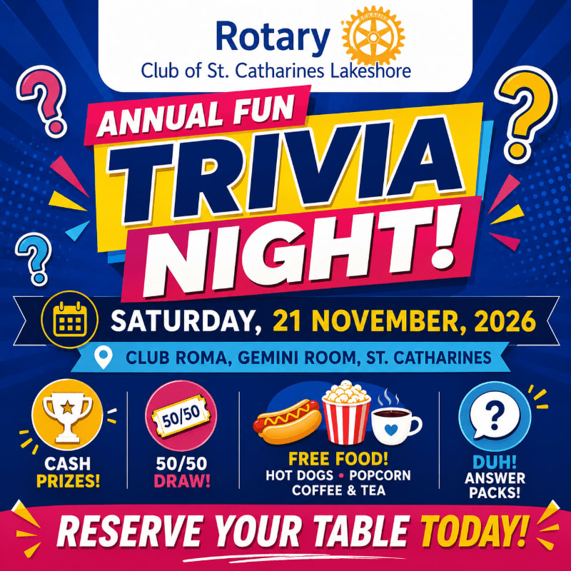 A vibrant poster for an annual fun trivia night, featuring colorful text, question marks, and icons for prizes, food, and a 50/50 draw, is set against a dark blue background with a subtle geometric pattern.