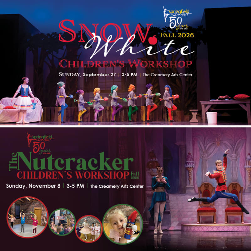 A split image advertises "Snow White" and "The Nutcracker" children's workshops, with dancers on stage in the background and promotional text in the foreground.
