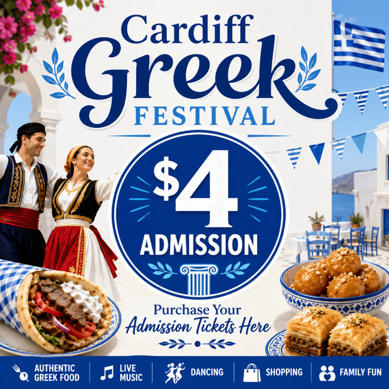 A vibrant advertisement for the Cardiff Greek Festival features a couple in traditional attire and Greek food in the foreground, with a picturesque Greek village scene and a Greek flag in the background.