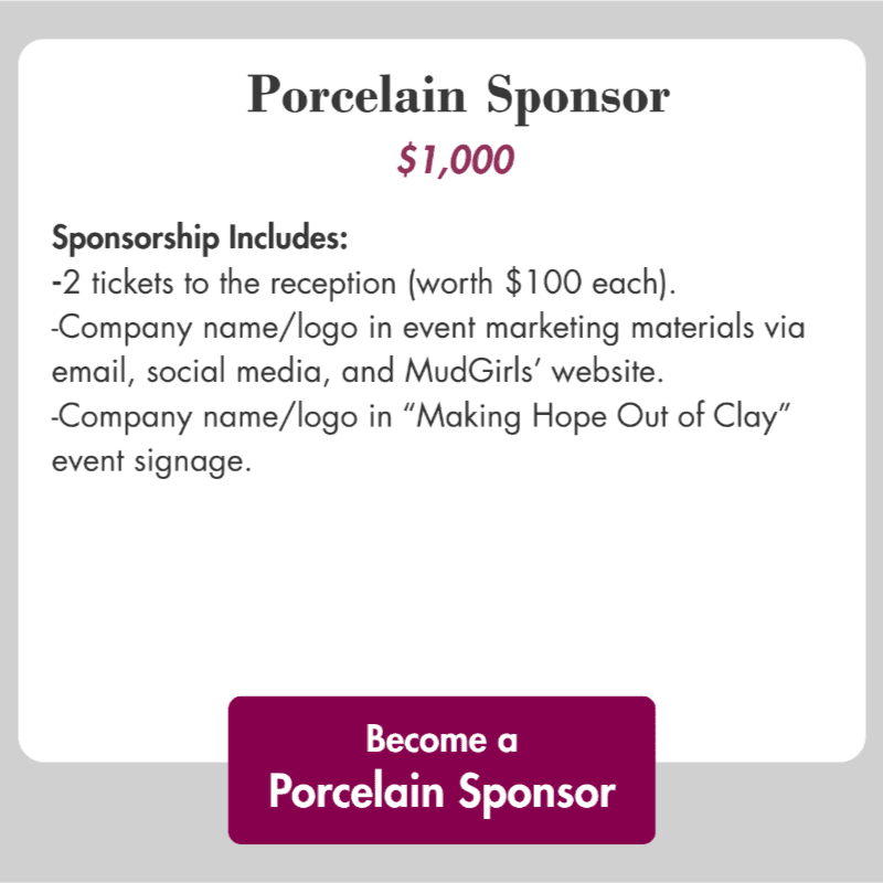 A light gray background frames text detailing a $1,000 "Porcelain Sponsor" package, with a dark pink button at the bottom reading "Become a Porcelain Sponsor."