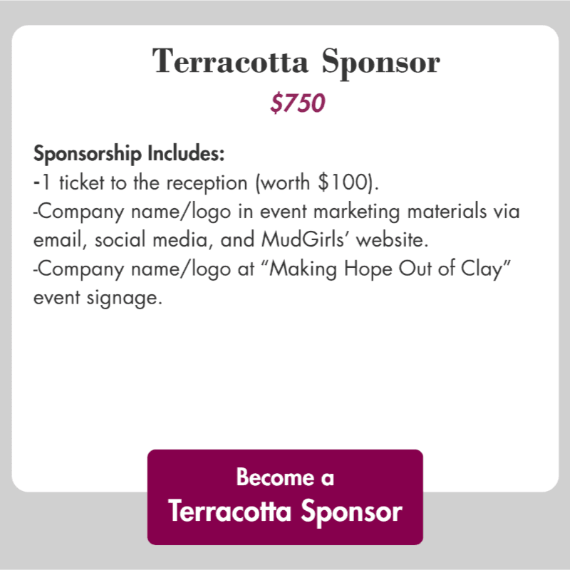 A light gray background frames text detailing a "Terracotta Sponsor" package for $750, including benefits and a "Become a Terracotta Sponsor" button at the bottom.