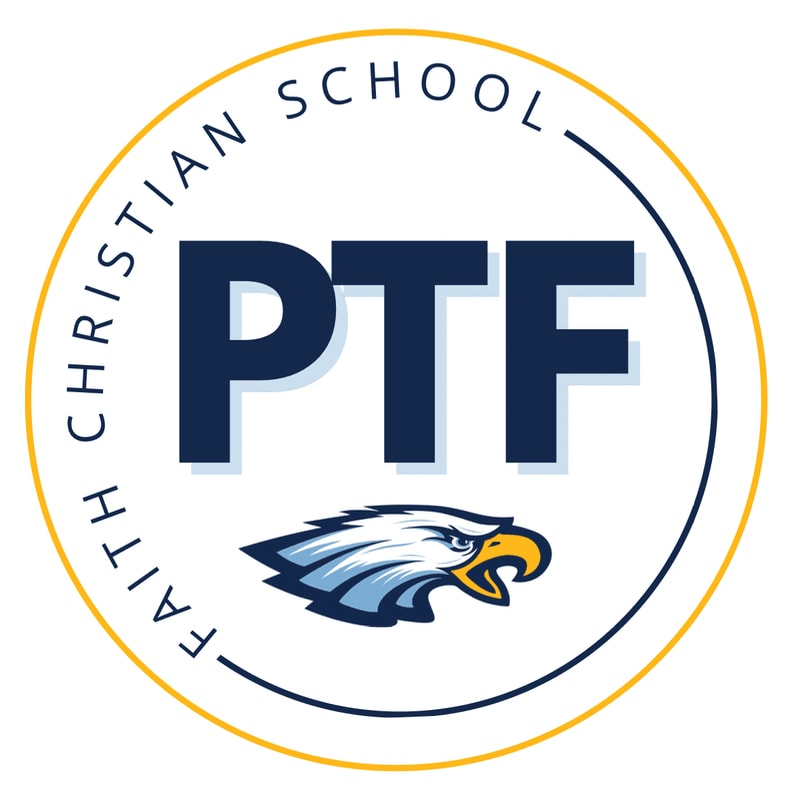 A circular logo with "FAITH CHRISTIAN SCHOOL" in yellow text around the perimeter, featuring "PTF" in large navy letters and an eagle's head in the foreground against a white background.