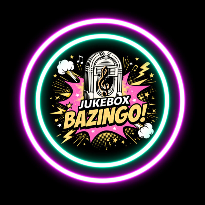 A retro jukebox with the words "JUKEBOX BAZINGO!" is centered within a neon pink and teal circle against a black background with comic book-style sound effects.