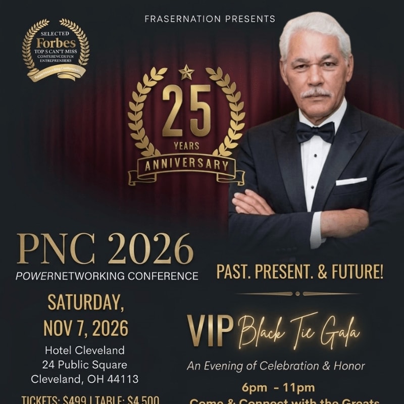 A distinguished man in a tuxedo stands in front of a dark background with a "25 Years Anniversary" emblem and event details for the PNC 2026 PowerNetworking Conference.