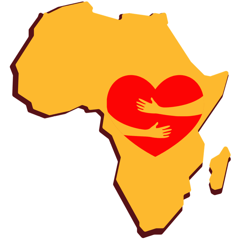 A red heart with arms embracing it is superimposed on a yellow outline of Africa.
