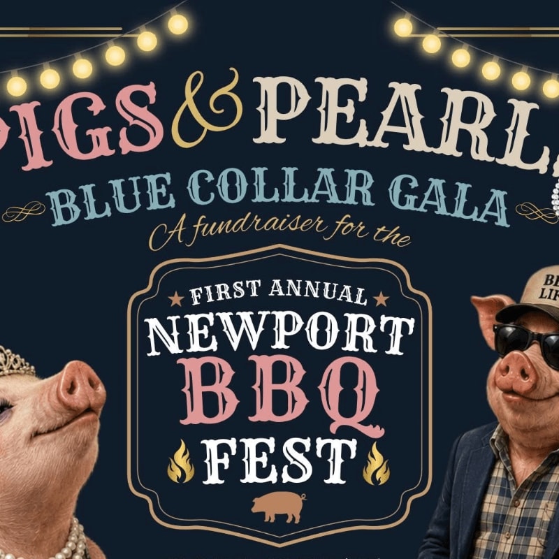 Two pigs, one wearing a tiara and pearls and the other sunglasses and a jacket, stand in front of a dark blue background advertising the "Pigs & Pearls Blue Collar Gala" and the "First Annual Newport BBQ Fest."