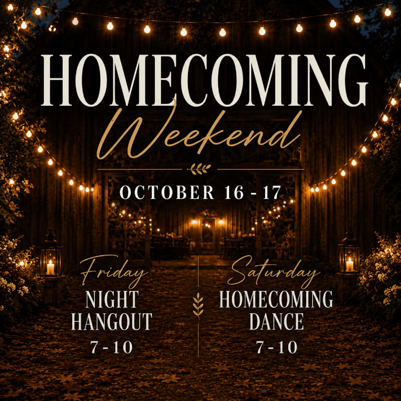 String lights illuminate a rustic barn entrance in the background, while the foreground displays event details for "Homecoming Weekend" on October 16-17, featuring a "Friday Night Hangout" and "Saturday Homecoming Dance."