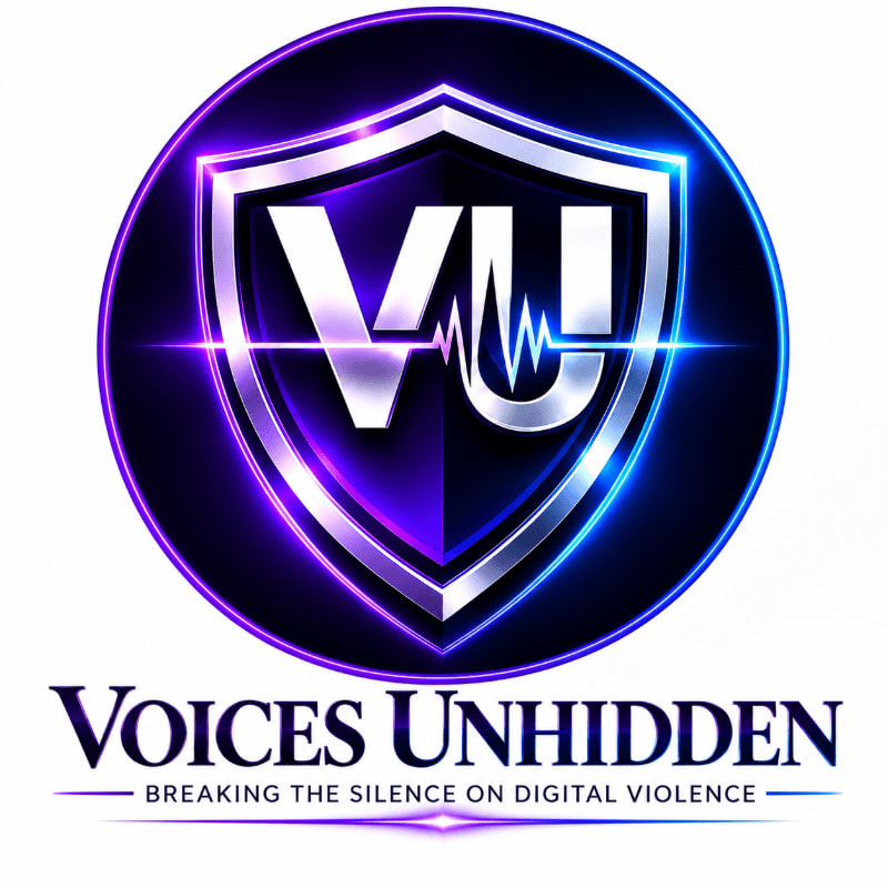 A metallic shield with the letters "VU" and a heartbeat line is centered on a dark purple circle with glowing blue and purple light, below which the words "Voices Unhidden" and "Breaking the Silence on Digital Violence" are displayed.