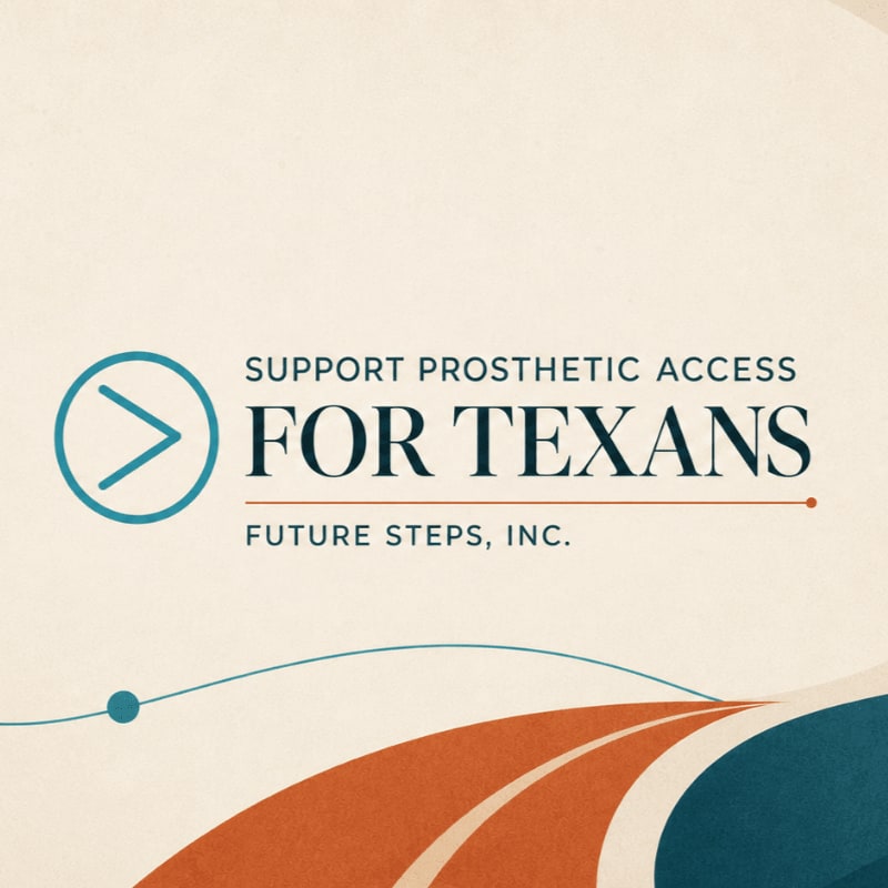 A logo for "Future Steps, Inc." with the tagline "Support Prosthetic Access For Texans" is displayed on a textured cream background, with abstract curved lines in orange and teal in the foreground.