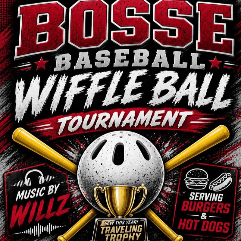 A Wiffle ball and trophy are centered in the foreground, with crossed baseball bats and event details, against a distressed, red and black background.