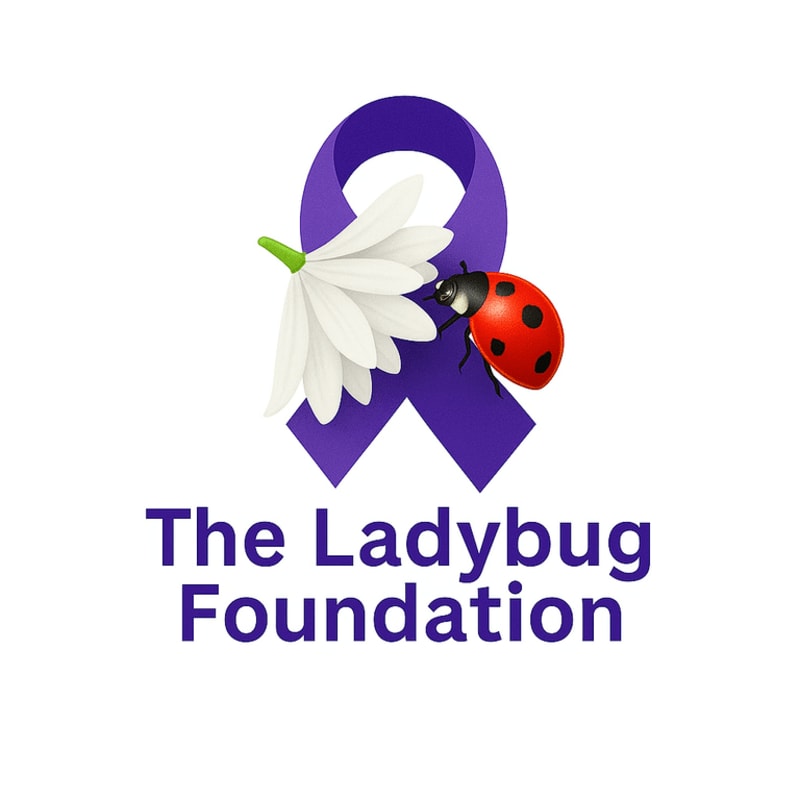 A ladybug and a white flower rest on a purple awareness ribbon above the text "The Ladybug Foundation" on a white background.
