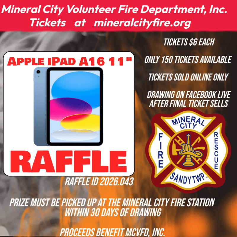 A raffle for an Apple iPad is advertised with details about tickets and the drawing, set against a fiery orange background with the Mineral City Volunteer Fire Department logo.