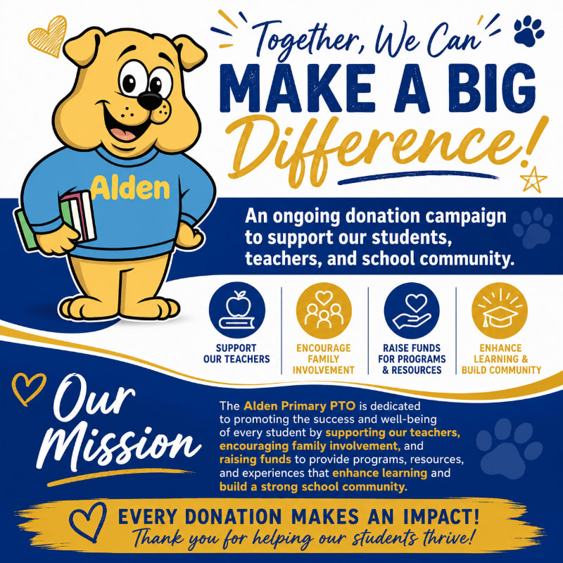 A cartoon dog wearing a blue shirt with "Alden" on it stands in the foreground, holding books, while the background features text about a donation campaign for Alden Primary School.